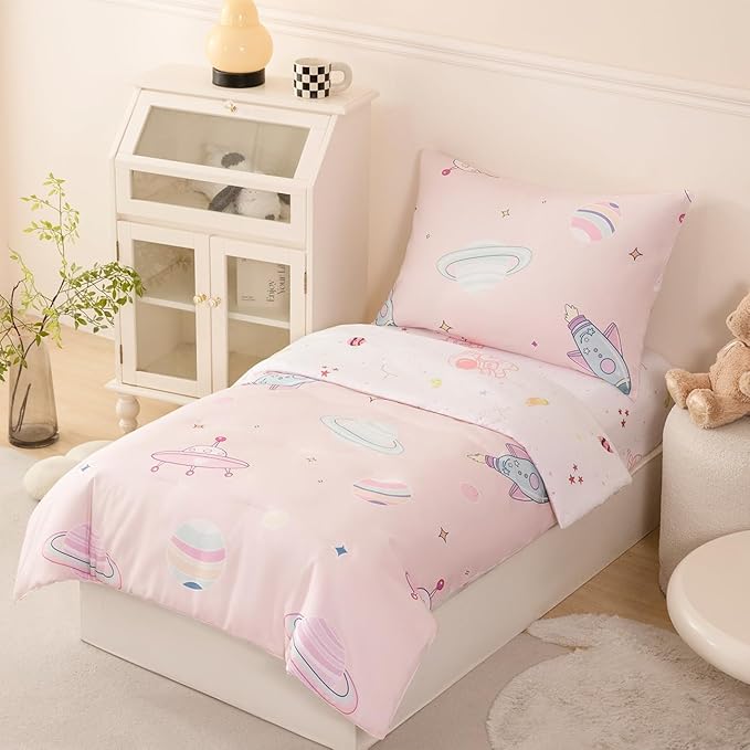 PERFEMET 4 Piece Toddler Girl Bedding Set Space Theme Pink Toddler Bed Set with Sheets Soft Reversible Astronaut Planets Crib Bed Comforter for Kids Girls