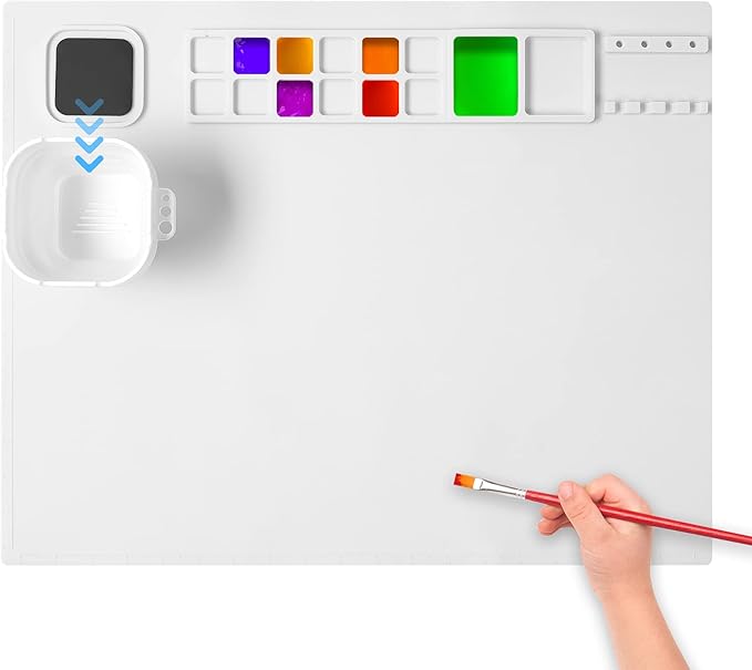 AWOKE Silicone Painting Mat - 20"X16" Silicone Art Mat with 1 Water Cup for Kids - Craft Mat has12 Color Dividers - 2 Paint Dividers (White),Toddler Activities,3 4 5 Year Old Girl Boy Birthday Gifts