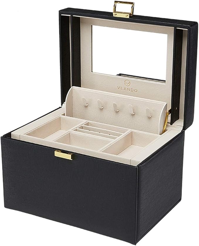 Vlando Jewelry Box Organizer for Girls Women, Large Baroque Jewelry Holder Organizer with Mirror, 3 Drawers for Bracelets, Earrings, Rings, Necklaces, Mothers Day Gifts for Loved One, Black