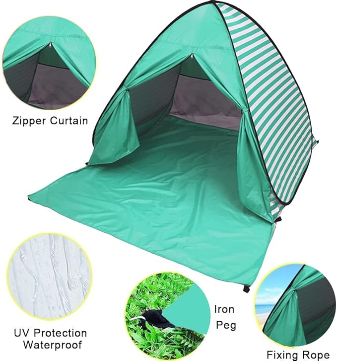Pop Up Beach Tent Shade Sun Shelter UPF 50+ Canopy Cabana 2-3 Person for Adults Baby Kids Outdoor Activities Camping Fishing Hiking Picnic Touring (Lake Green Stripes)