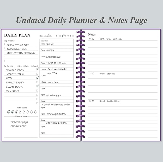 Daily Planner Undated - A5 To Do List Notebook Hourly Schedules, Spiral Appointment Planner for Women and Men, PVC Hardcover, Inner Pocket, Elastic Closure, 5.8" x 8.3", Purple