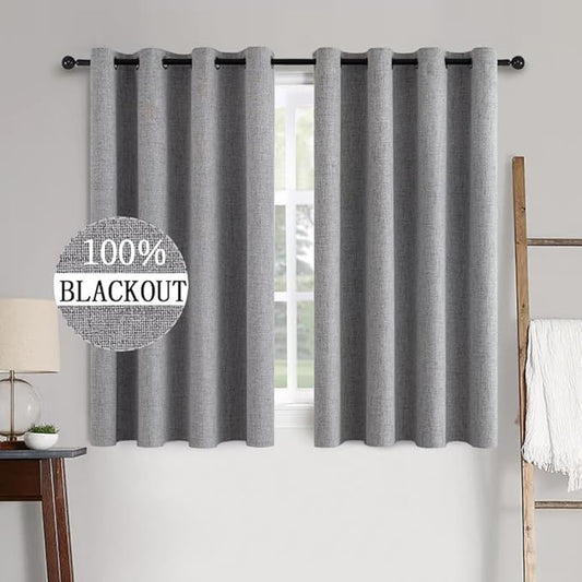 MIULEE Linen Texture Curtains for Bedroom Solid 100% Blackout Thermal Insulated Grey Curtains Grommet Room Darkening Drapes Luxury Decor for Living Room Nursery 52x45 Inch (2 Panels)