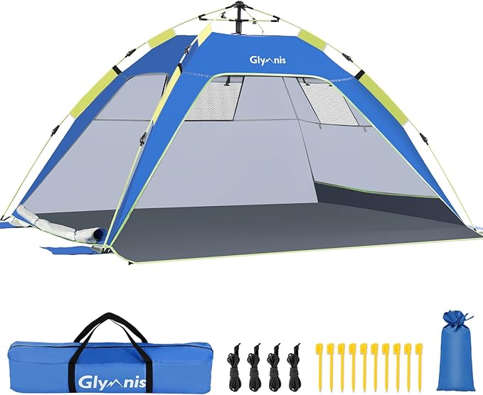Glymnis Pop Up Beach Tent Sun Shade Shelter for 3-4 Person with UPF 50+, Lightweight & Easy Setup, Vent Windows & Zippered Door, Extended Floor Family Instant Beach Tent