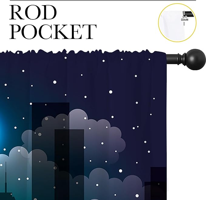 Superhero Rod Pocket Blackout Curtains for Boy Girl Bedroom, Violet Night Sky Buildings Cityscape Thermal Insulated Home Window Drapes for Living Room Darkening, 55x63 inch