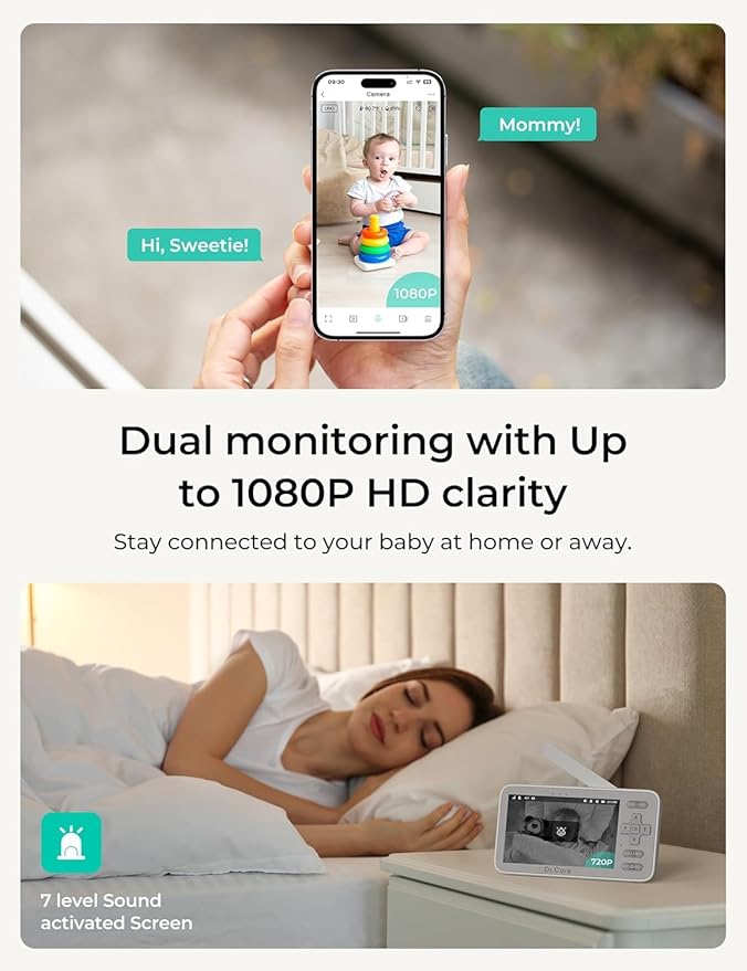 VistaView Lite Smart WiFi Baby Monitor with 2 Cameras- 4” 720P Split Screen & 1080P Camera App Control, Motion Alerts, Night Vision, 3000mAh Battery, 2-Way Talk, Triple Security, 1000ft Range