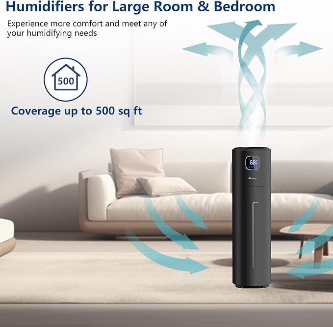 Large Humidifiers for Bedroom, 9L/2.5Gal Ultrasonic Cool Mist, Easy Clean with 350ML/H Large Mist Speed, Quiet Tower, Suitable for Kids Room Plant Yoga (Black)