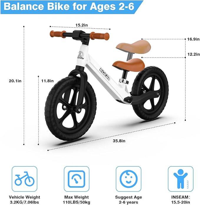 Ridego 12 or 14 Inch Balance Bike for Kids 2-6 Year Old,Lightweight Kids Bike with Adjustable Seat, Push Bicycle with Air Rubber Tires，Ride-on Toys Birthday Gift