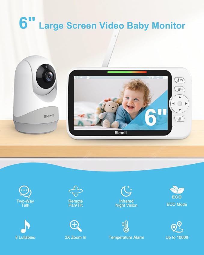 Upgrade Video Baby Monitor with Camera and Audio 6" Large Screen, 35-Hrs Battery, No WiFi Baby Monitor, Remote Pan/Tilt/Zoom Camera, 2-Way Talk, Night Vision, Temperature, 1000ft Range