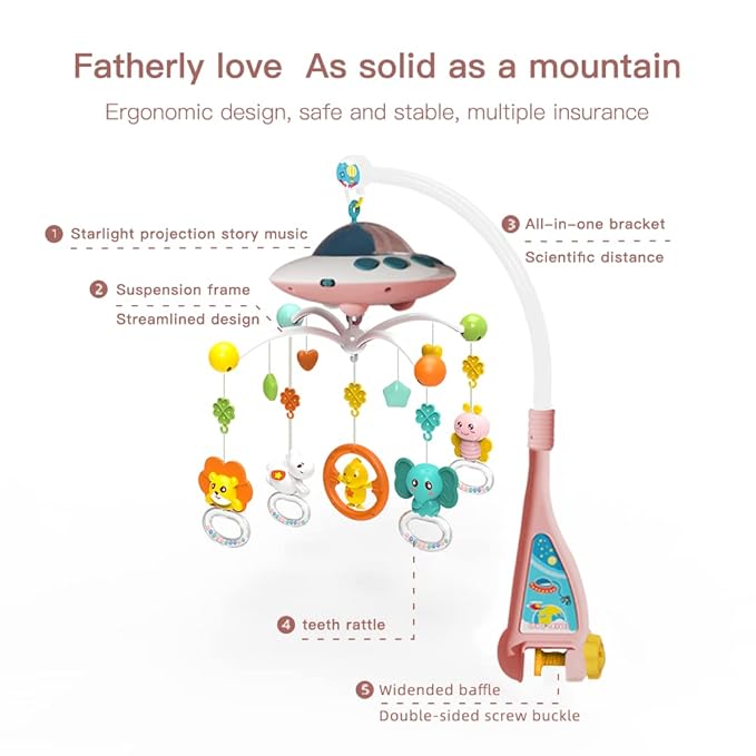 Baby Musical Crib Mobile with Night Lights and Relaxing Music,Hanging Rotating Animals Rattles,Stars Projection,Remote Control,for Boy Girl Newborn Baby Toys（Pink）