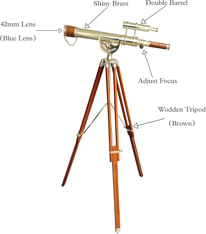Vintage Maritime Anchor Master Telescope Shiny Brass Adjustable Wooden Tripod Royal Educational Telescopes Double Barrel Brown Leather Nautical Home Decor & Office