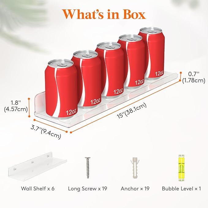 Lifewit Floating Shelves for Wall, 6 Pack 15" Clear Acrylic Shelf Room Decor for Book/Figures/Photo/Makeup in Bathroom, Book Shelf, Living Room, Bedroom, Kitchen Storage and Organization