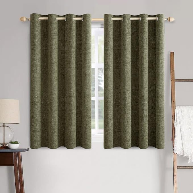 MIULEE Linen Texture Curtains for Bedroom Solid 100% Blackout Thermal Insulated Light Olive Green Curtains Grommet Room Darkening Drapes for Living Room Nursery 52x63 Inch (2 Panels)