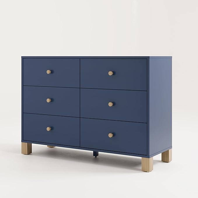 Storkcraft California 6 Drawer Double Dresser (Midnight Blue with Driftwood) – GREENGUARD Gold Certified, Spacious Storage Organizer for Kids’ Room, Safety Interlocking Drawer System