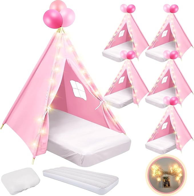 6 Pack Sleepovers Teepee Tent for Kids Bulk with Mattress Sheet Light,Natural Cotton Washable Indoor Play Tent for Birthday Slumber Party Girls Boys Pajama Movie Night Supplies(Light Pink)