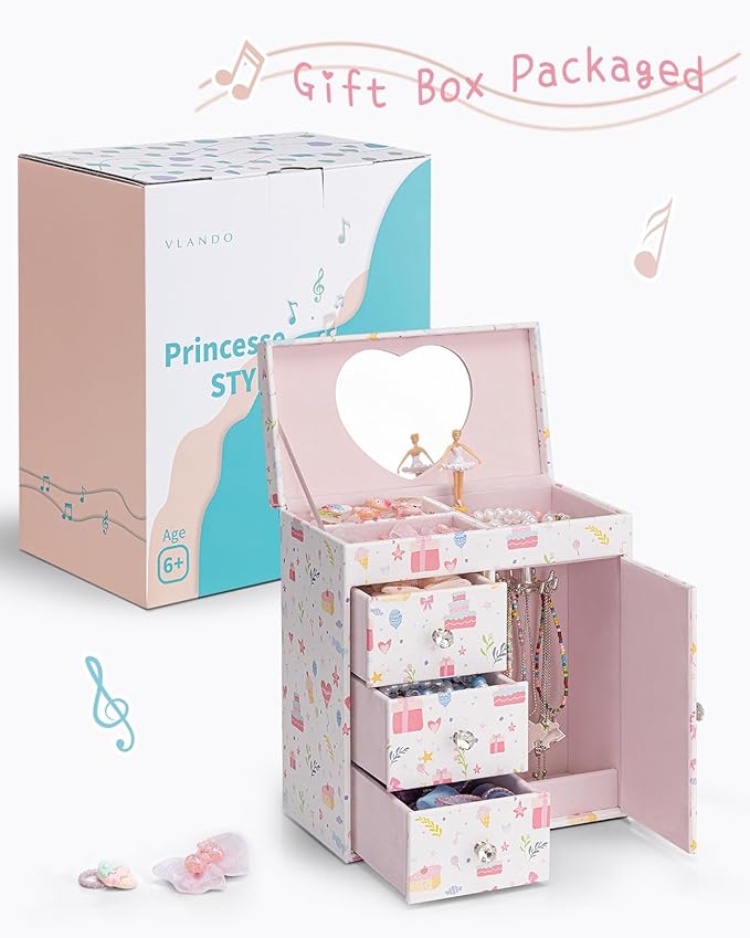 Vlando Musical Jewelry Box for Girls, Large Kid Music Box with Ballerina for Birthday Bedroom Decor, 4 Layer Girl Jewelry Gifts for Girls Kids - Fantasy