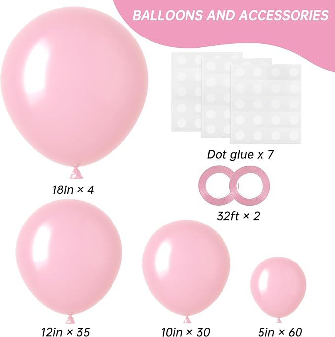 RUBFAC 129pcs Pastel Pink Balloons Different Sizes 18 12 10 5 Inches for Garland Arch, Light Pink Balloons for Birthday Valentine's Day Baby Shower Gender Reveal Wedding Party Decoration
