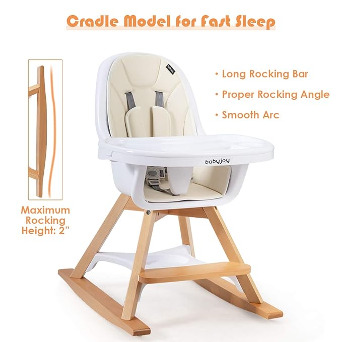 BABY JOY 3 in 1 High Chair, Baby Eat & Grow Convertible Wooden High Chair/Rocking Chair/Booster Seat/Toddler Chair, Infant Dining Chairs w/Double Removable Tray, 5-Point Seat Belt & PU Cushion, Beige