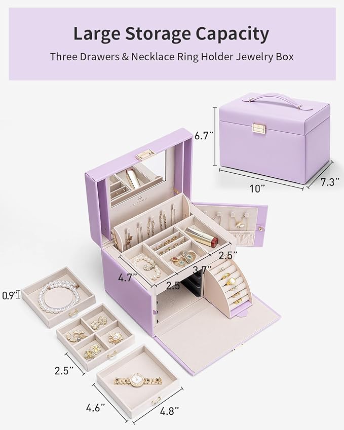 Vlando Jewelry Box Organizer for Girls Women, Large Baroque Jewelry Holder Organizer with Mirror, 3 Drawers for Bracelets, Earrings, Rings, Necklaces, Mothers Day Gifts for Loved One, Purple