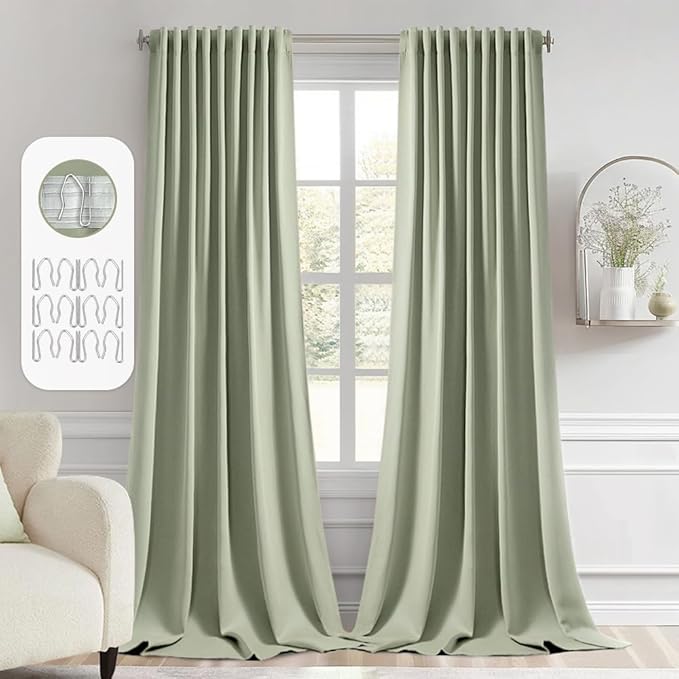 MIULEE Back Tab Sage Green Curtains 102 Inch Long 2 Panels Set for Living Room Bedroom, Rod Pocket/Pinch Pleated Light Blocking Thermal Insulated Room Darkening Floor to Ceiling Blackout Drapes