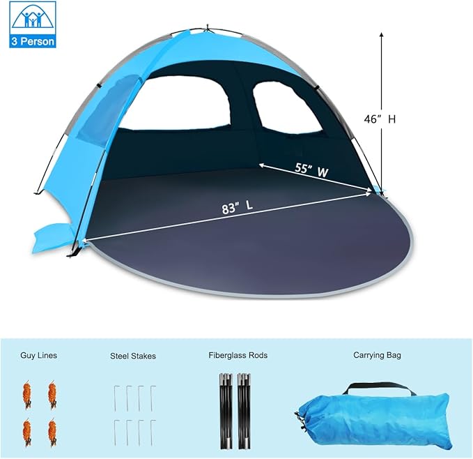 NXONE Beach Tent Sun Shade Shelter for 3/4/6 Person Person with UV Protection, Extended Floor, 3 Mesh Roll Up Windows & 8.0/8.5mm Fiberglass Rods丨Carry Bag Included