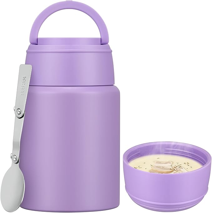 Soup Thermo for Hot Food Kids 16oz Insulated Food Jar Leakproof Thermo Lunch Container for Kids Wide-Mouth Stainless Steel Lunch Box for School with Handle Folding Spoon(3+)
