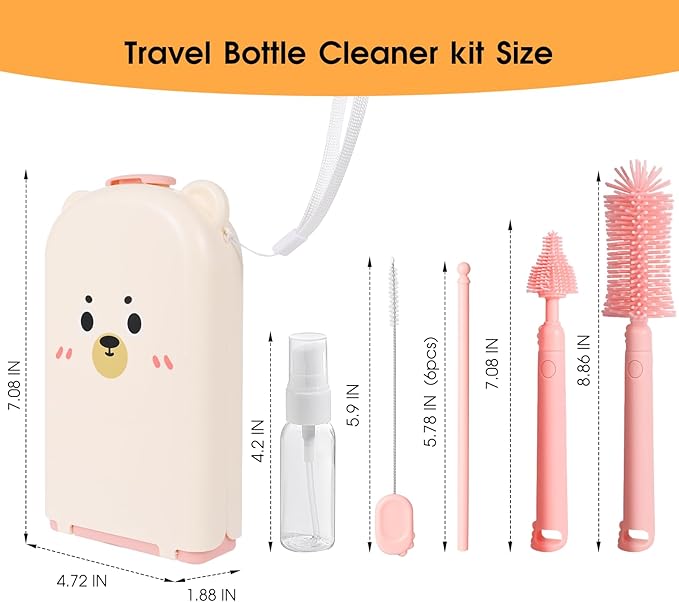Portable Baby Bottle Brush Set - 7 in 1 Baby Bottle Cleaner Kit, Baby Travel Essential Bottle Washing Kit with Silicone Bottle Brush, Nipple Brush, Straw Brush, Drying Rack for Home and Travel (Pink)