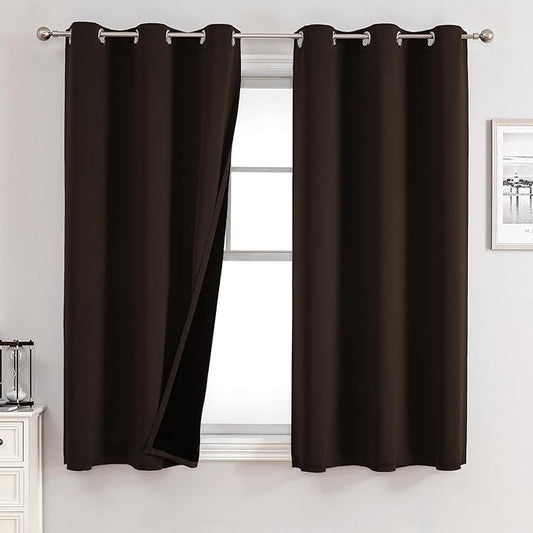 ChrisDowa 100% Blackout Curtains for Bedroom with Black Liner, 2 Thick Layers Total Blackout Thermal Insulated Grommet Window Curtains 2 Panels Set (Brown, 42 x 63 Inch)