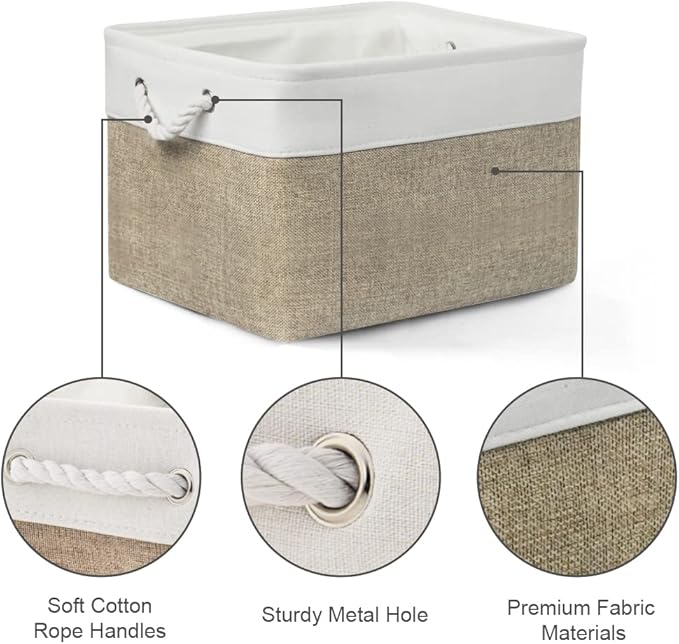 Organization and Storage Bins for Shelves - 17X15X12 inch 2 Pack Fabric Storage Cubes Collapsible Baskets for Organizing with Rope, Storage Box for Cloth Decorative (White&Khaki)