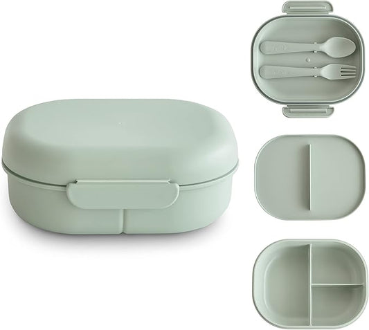 mushie Kids Bento Lunch Box | 3-Compartment & Removable Divider + Fork & Spoon Utensils | Great For Meals, School, Snacks On-the-Go | Dishwasher Safe (Sage)