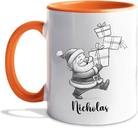 Santa Claus White Ceramic Teacup, Personalized Santa Claus Accent Coffee Mug Gift For Grandson Boyfriend Brother on Christmas Holiday, Unique Birthday Coffee Cup 11 Oz 15 Oz, Custom Name Kids Teacup
