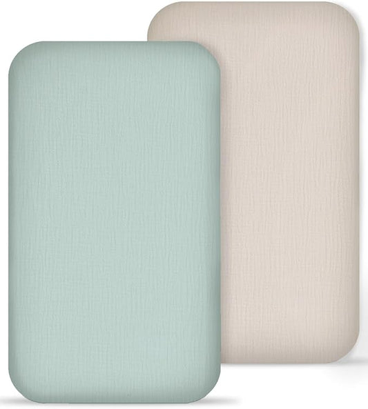 Muslin Bedside Bassinet Sheets 2 Pack, 33x20 Fitted Ultra Soft & Breathable Bedside Sleeper Sheets, Ideal for Baby Girl and Boy, Perfect for Newborns (Beige & Sage)