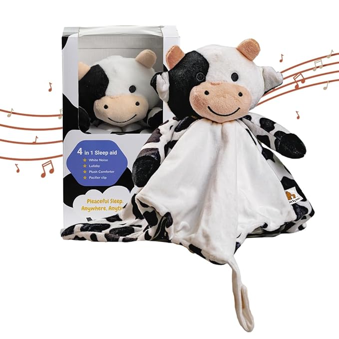 Love By Emi Baby Music Lovey Black & White Cow, Baby Sleep Soother for Crib & Cuddle Bedtime, White Noise with Heartbeat & Lullaby, Plush Sound Toy, Stuffed Animal for Newborns, Infants & Toddlers