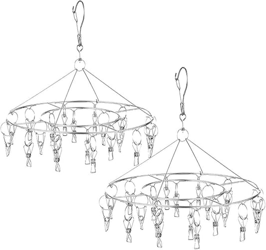 CenYouful 2 Pack Stainless Steel Round Hanging Drying Rack with 20 Clips for Drying Socks, Baby Clothes, Bras, Towel, Underwear, Hat, Scarf, Pants, Gloves