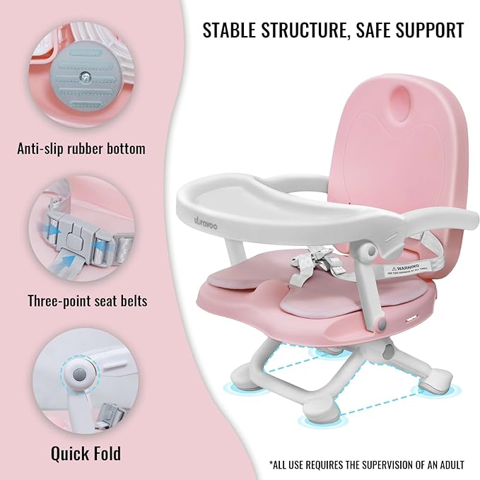 Baby Booster Seat for Dining Table with Removable Tray & Cushion, 3in1 Portable Toddler Booster Seat, 4 Height Adjustable Travel High Chair for Babies and Toddlers