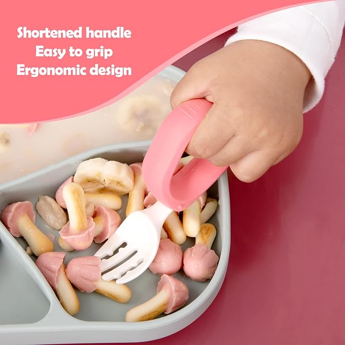 Training Spoon & Fork with Travel Case Pink | Toddler Self Feeding Utensil Set, BPA-Free Cute Circle Silicone ABS Spoons Set for Baby Led Weaning