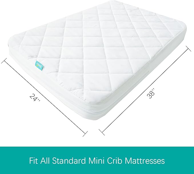 Zippered Mini Crib Mattress Protector,Waterproof Playard Mattress Encasement, Breathable and Absorbent, 6 Sides Fully Encased Pack N Play Mattress Cover.