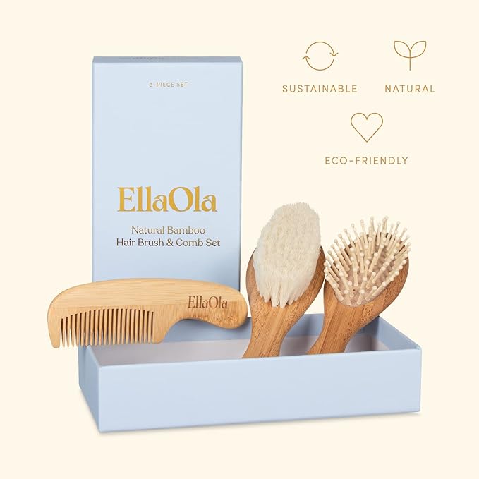 Natural Bamboo Hair Brush & Comb Set, 3 Piece - Cradle Cap Brush, Massage Hair Brush, Bamboo Comb for Toddlers, Newborns & Infants I Baby Registry Gift