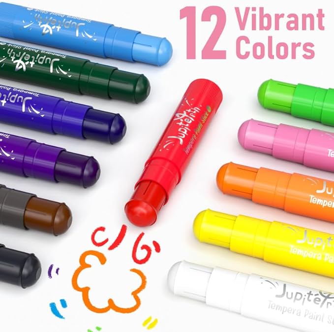 Paint Sticks for Kids 12 Colors, Quick Drying, Smooth, Non-Toxic and Washable Solid Tempera Paint Sticks with 120 PDF Coloring Pages and 30 Stickers, Toddler Art Supplies for Drawing