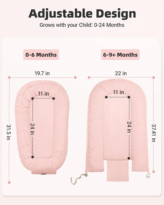 Baby Lounger for Newborn 0-24 Months, Breathable & Soft Infant Lounger, Adjustable Tummy Time Lounger for Home and Travel, Baby Girls & Boys Newborn Babies Essentials Stuff, Pink