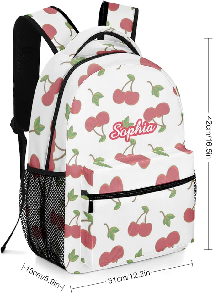 Cherry Pattern Custom Kids Backpack 16.5 Inch for Boy Girl, Personalized Waterproof Child School Travel Bag with Name