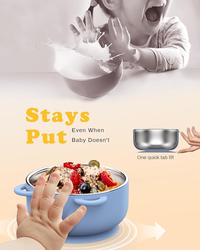 Baby Suction Bowls with Lids 4-Pack, 2-in-1 Stainless Steel 304 Toddler Bowl & Removable Silicone Suction Kids Bowl Plate Set Non Toxic Snack Dishes for Self-Feeding, Unicorn Magic Set
