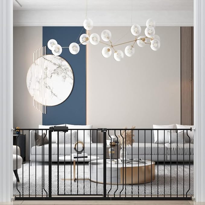 WAOWAO Baby Gate 76.38-81.10" Extra Wide Pressure Mounted Walk Through Swing Auto Close Safety Black Metal Toddler Kids Child Dog Pet Puppy for Stairs,Doorways,Kitchen