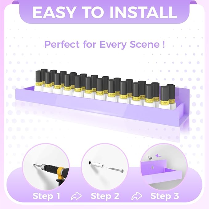 4 Pack 15 Inch Purple Acrylic Shelves, Kids Floating Bookshelf for Kids Room, Modern Nail Polish Rack Sunglasses Essential Oil Picture Ledge Display Toy Storage Wall Shelf