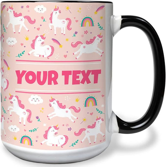 Personalized Mug for Kids - Pink Unicorn - Custom Name/Text, Ceramic Hot Chocolate/Cocoa/Coffee Cup for Girls, Birthday/Christmas/Holiday Gift - 15 oz, Black Handle