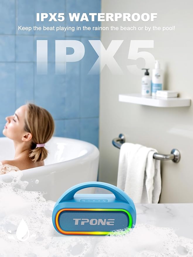 TPone Portable Bluetooth Speaker, 30W (Peak) Wireless Speaker for Outdoor Travel, 100ft Range, Multi-Colors Rhythm Lights, TWS Pairing, BT5.3, for Home/Party/Outdoor/Beach (Sky Blue)