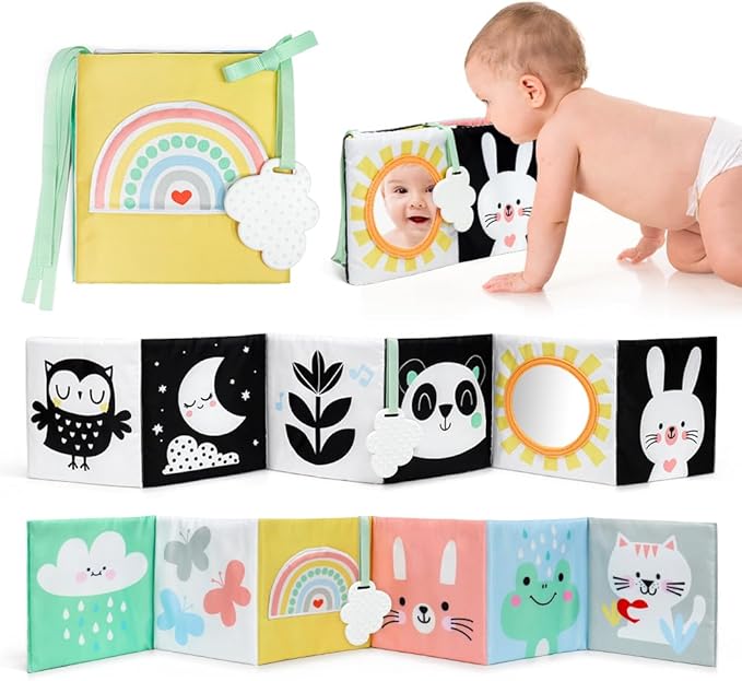 OKOOKO Black and White Baby Book, High Contrast Toy, 0-6 Months Baby Soft Book Tummy Time Montessori Sensory Toy for Stroller Early Education for 0-6 6-12 Months Newborn Infant