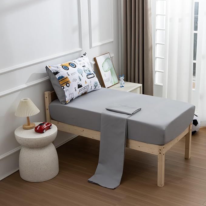 NTBED 4 Pieces Construction Toddler Bedding Set for Baby Boys,Tree Truck Vehicles Excavator Cars Printed, Includes Comforter, Flat Sheet, Fitted Sheet and Pillowcase,Light Grey