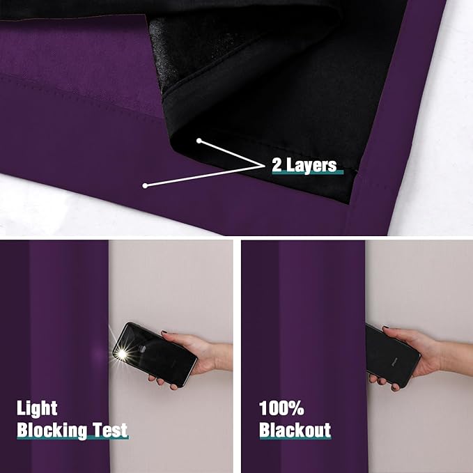 ChrisDowa 100% Blackout Curtains for Bedroom with Black Liner, 2 Thick Layers Total Blackout Thermal Insulated Grommet Window Curtains 2 Panels Set (Royal Purple, 52 x 72 Inch)