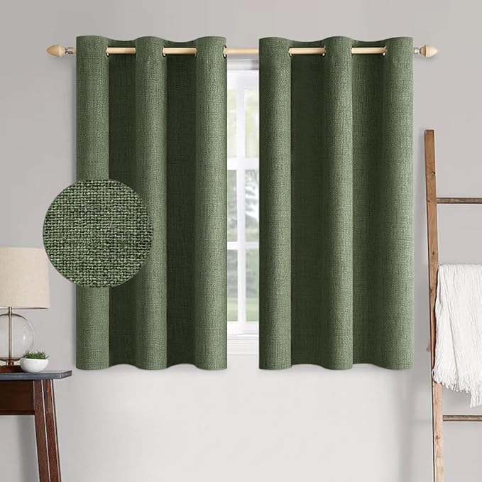 MIULEE 100% Blackout Linen Textured Curtains for Bedroom Solid Thermal Insulated Olive Green Grommet Room Darkening Curtains & Drapes Luxury Decor for Living Room Nursery 42 x 63 Inch (2 Panels)