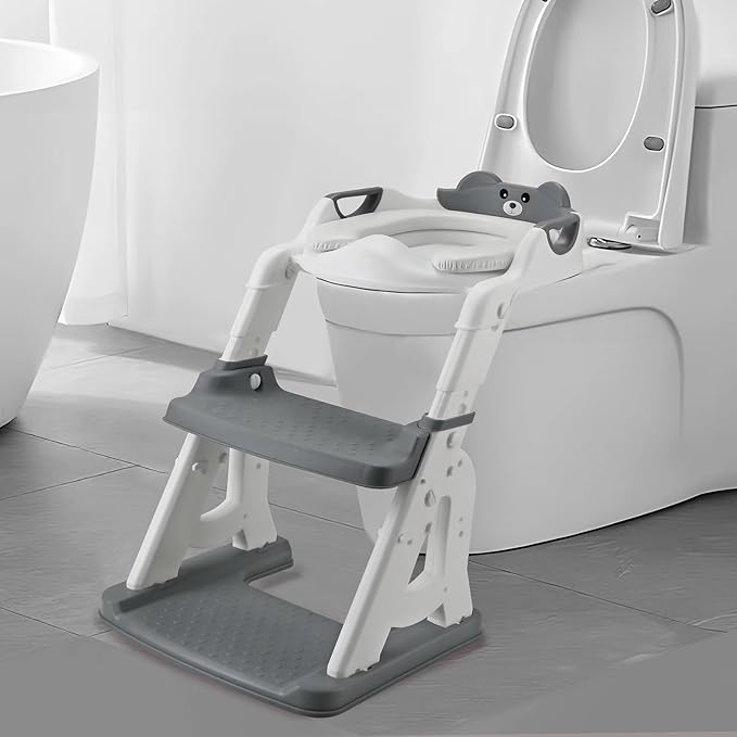 PandaEar Potty Training Seat with Step Stool Ladder, Toddler Toilet Seat for Kids Boys Girls, Comfortable Safe Potty Seat with Anti-Slip Pads Ladder & Bear Design -Grey